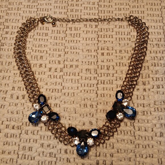 Chico's blue rhinestone & gold tone chainmail chain statement collar necklace - Picture 3 of 10